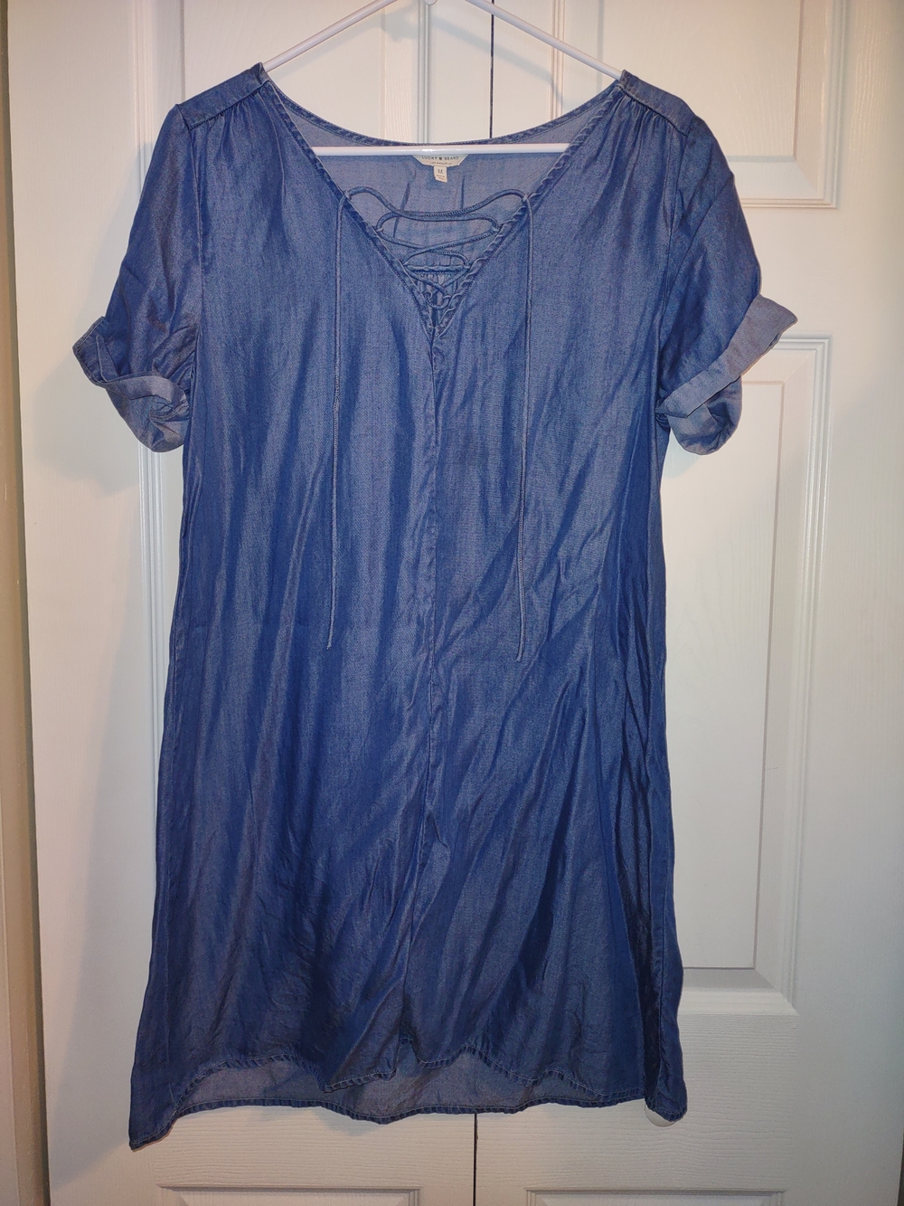 Lucky Brand Blue Chambray Midi Dress with Lace-Up Neck